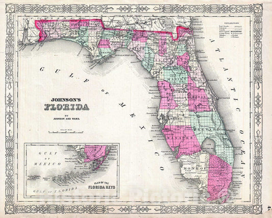 Historic Map : Johnson Map of Florida , 1864, Vintage Wall Art