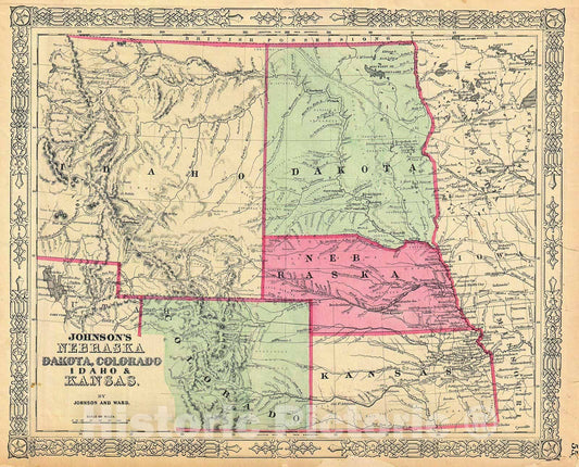 Historic Map : Johnson Map of Idaho, Dakota, Nebraska, Kansas and Colorado , 1864, Vintage Wall Art
