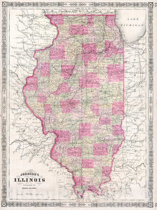 Historic Map : Johnson Map of Illinois , Version 2, 1864, Vintage Wall Art