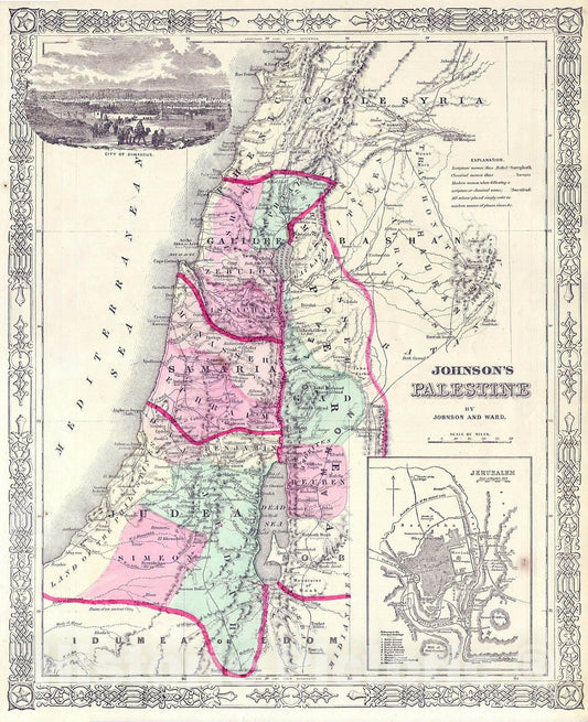 Historic Map : Johnson Map of Israel, Palestine, or The Holy Land, 1864, Vintage Wall Art
