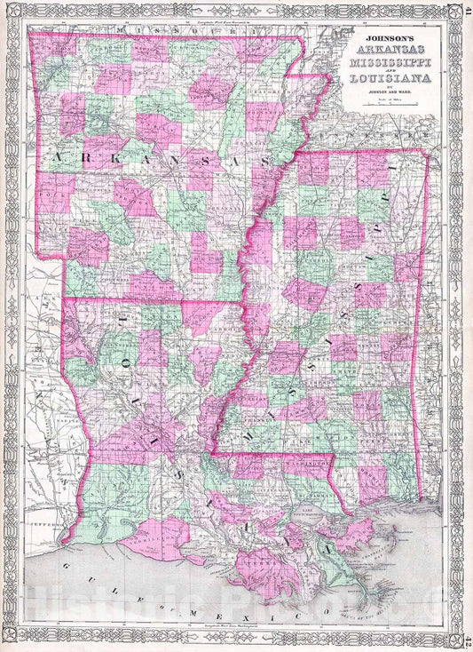 Historic Map : Johnson Map of Louisiana, Mississippi and Arkansas, Version 2, 1864, Vintage Wall Art
