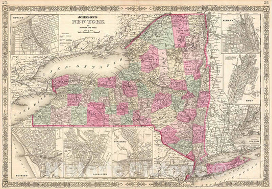 Historic Map : Johnson Map of New York, 1864, Vintage Wall Art