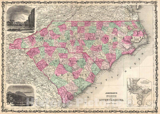 Historic Map : Johnson Map of North Carolina and South Carolina, Version 2, 1864, Vintage Wall Art