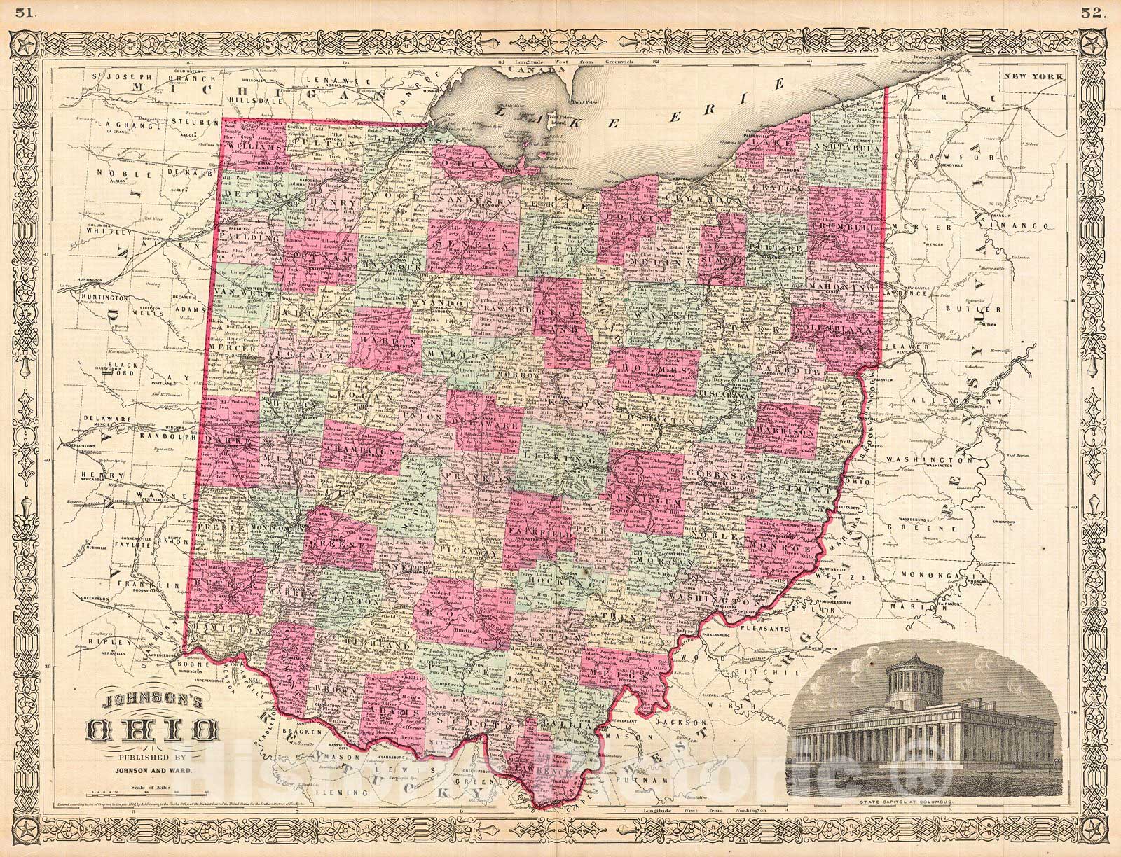 Historic Map : Johnson Map of Ohio, 1864, Vintage Wall Art