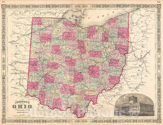 Historic Map : Johnson Map of Ohio, 1864, Vintage Wall Art