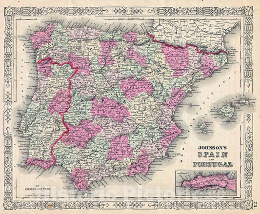 Historic Map : Johnson Map of Spain and Portugal , Version 2, 1864, Vintage Wall Art