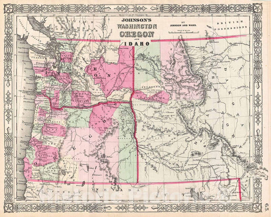 Historic Map : Johnson Map of Washington, Oregon, and Idaho , 1864, Vintage Wall Art