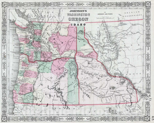 Historic Map : Johnson Map of Washington, Oregon and Idaho , 1864, Vintage Wall Art