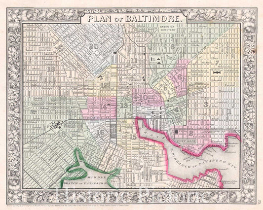 Historic Map : Mitchell Map of Baltimore, Maryland , 1864, Vintage Wall Art