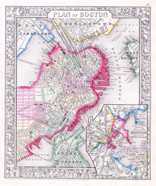 Historic Map : Mitchell Map of Boston, Massachusetts , 1864, Vintage Wall Art