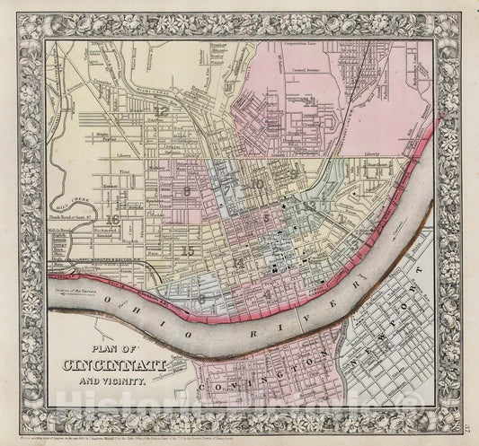 Historic Map : Mitchell Map of Cincinnati. Ohio , 1864, Vintage Wall Art