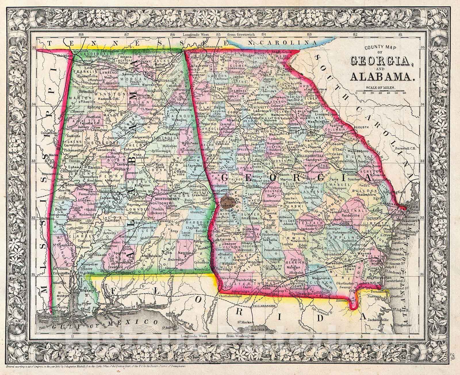 Historic Map : Mitchell Map of Georgia and Alabama , 1864, Vintage Wall Art