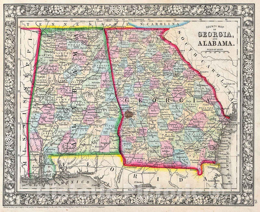 Historic Map : Mitchell Map of Georgia and Alabama , 1864, Vintage Wall Art