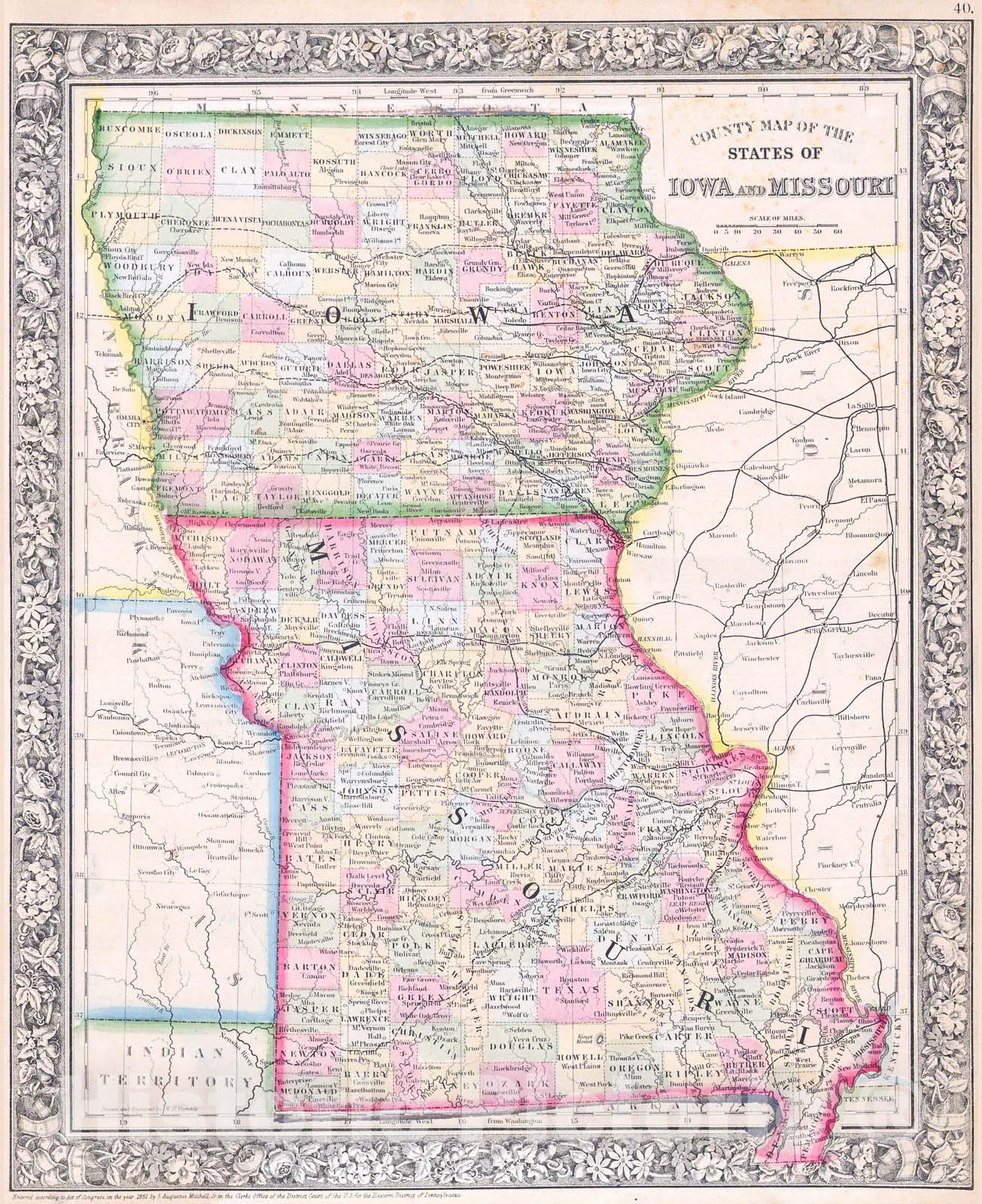 Historic Map : Mitchell Map of Iowa and Missouri, Version 2, 1864, Vintage Wall Art