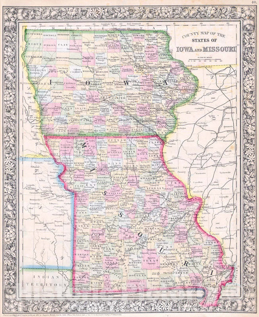 Historic Map : Mitchell Map of Iowa and Missouri, Version 2, 1864, Vintage Wall Art