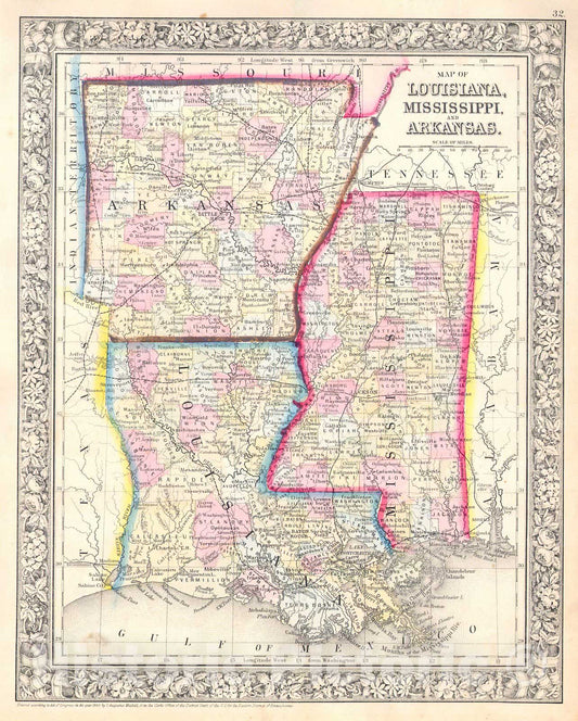 Historic Map : Mitchell Map of Louisiana, Mississippi and Arkansas, 1864, Vintage Wall Art