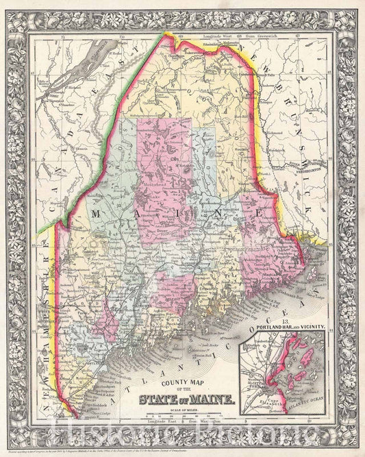 Historic Map : Mitchell Map of Maine, Version 3, 1864, Vintage Wall Art