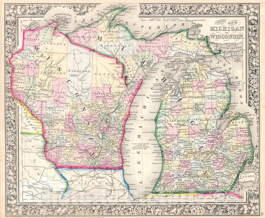 Historic Map : Mitchell Map of Michigan and Wisconsin , 1864, Vintage Wall Art