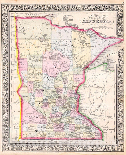 Historic Map : Mitchell Map of Minnesota, 1864, Vintage Wall Art