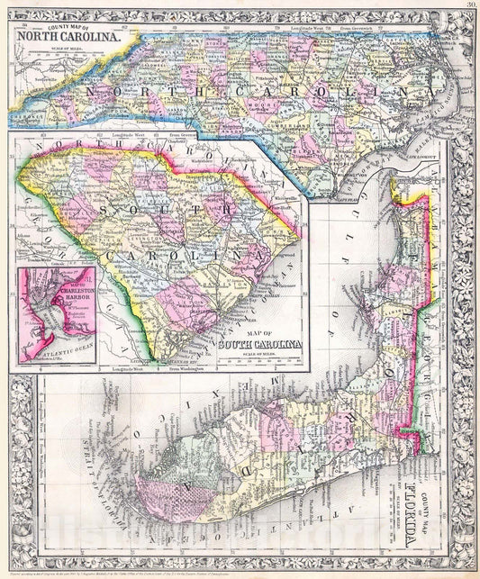 Historic Map : Mitchell Map of North Carolina, South Carolina and Florida, 1864, Vintage Wall Art