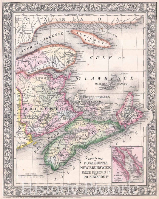 Historic Map : Mitchell Map of Nova Scotia and New Brunswick, Canada, 1864, Vintage Wall Art