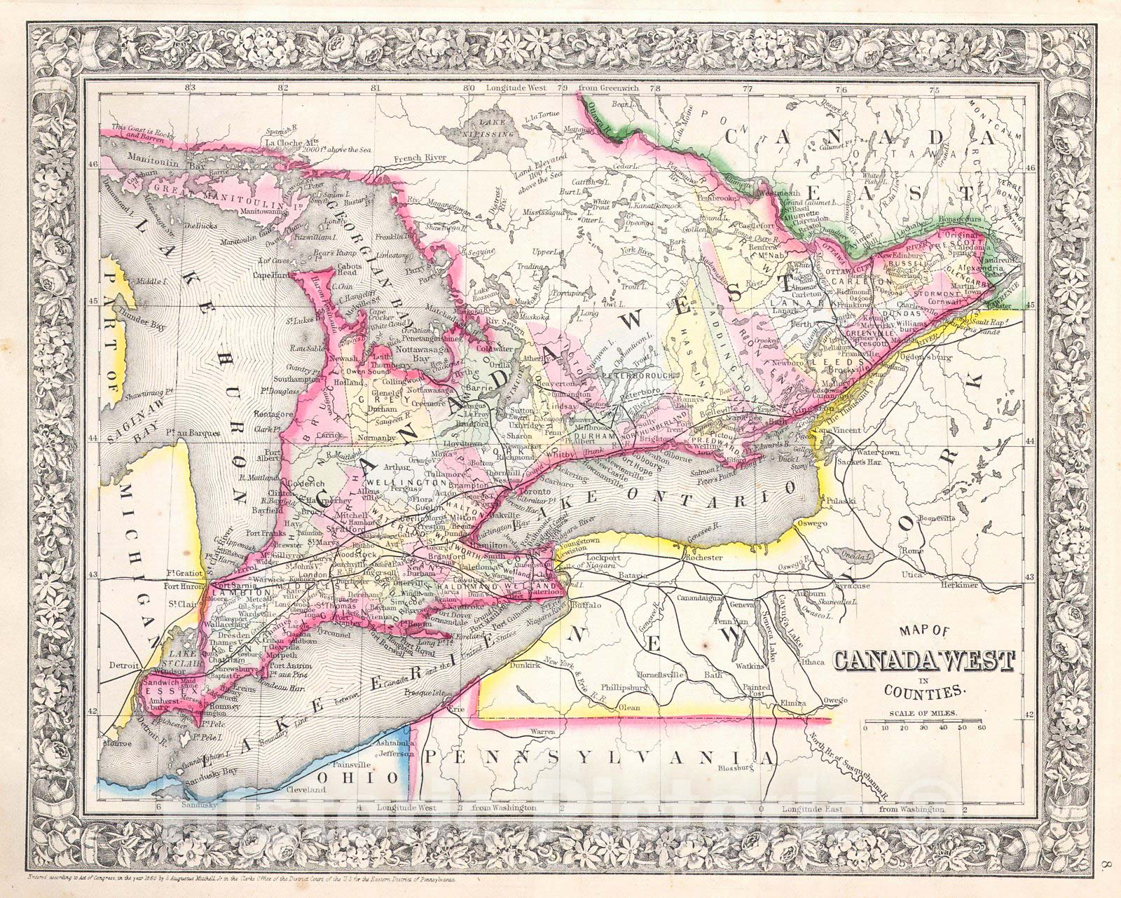 Historic Map : Mitchell Map of Ontario, Canada , 1864, Vintage Wall Art