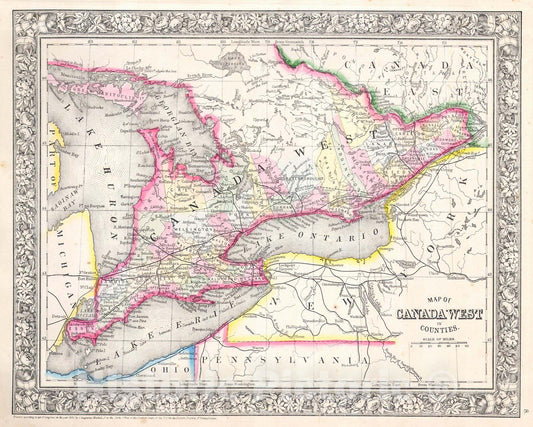 Historic Map : Mitchell Map of Ontario, Canada , 1864, Vintage Wall Art