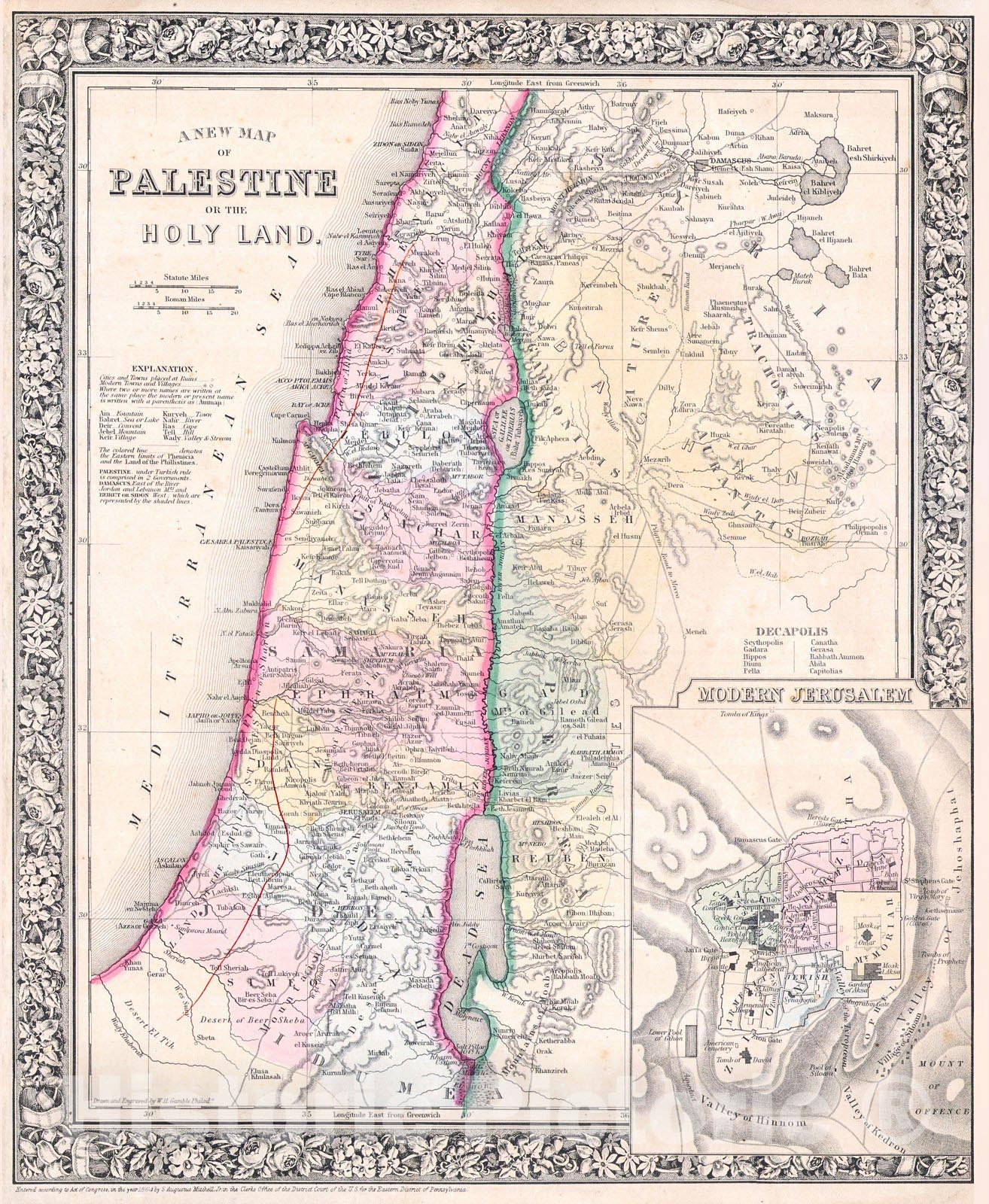 Historic Map : Mitchell Map of Palestine, Israel or The Holy Land, 1864, Vintage Wall Art