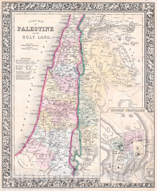Historic Map : Mitchell Map of Palestine, Israel or The Holy Land, 1864, Vintage Wall Art