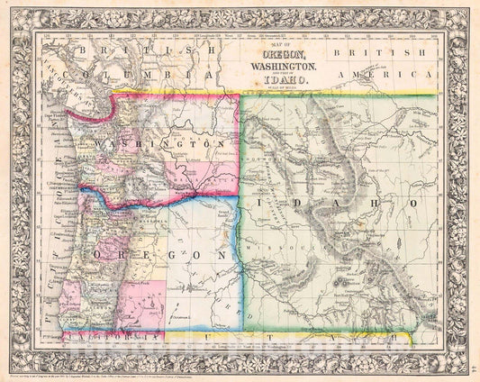 Historic Map : Mitchell Map of Washington, Oregon and Idaho , 1864, Vintage Wall Art