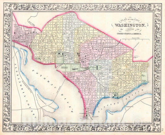Historic Map : Mitchell Map of Washington D.C, 1864, Vintage Wall Art