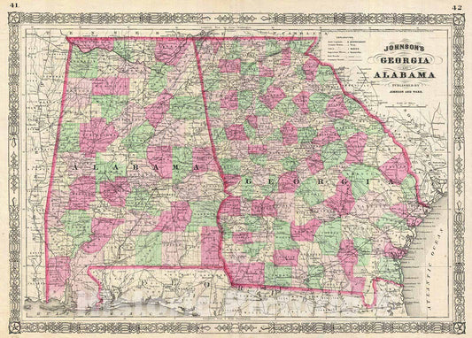 Historic Map : Johnson Map of Georgia and Alabama, Version 2, 1865, Vintage Wall Art