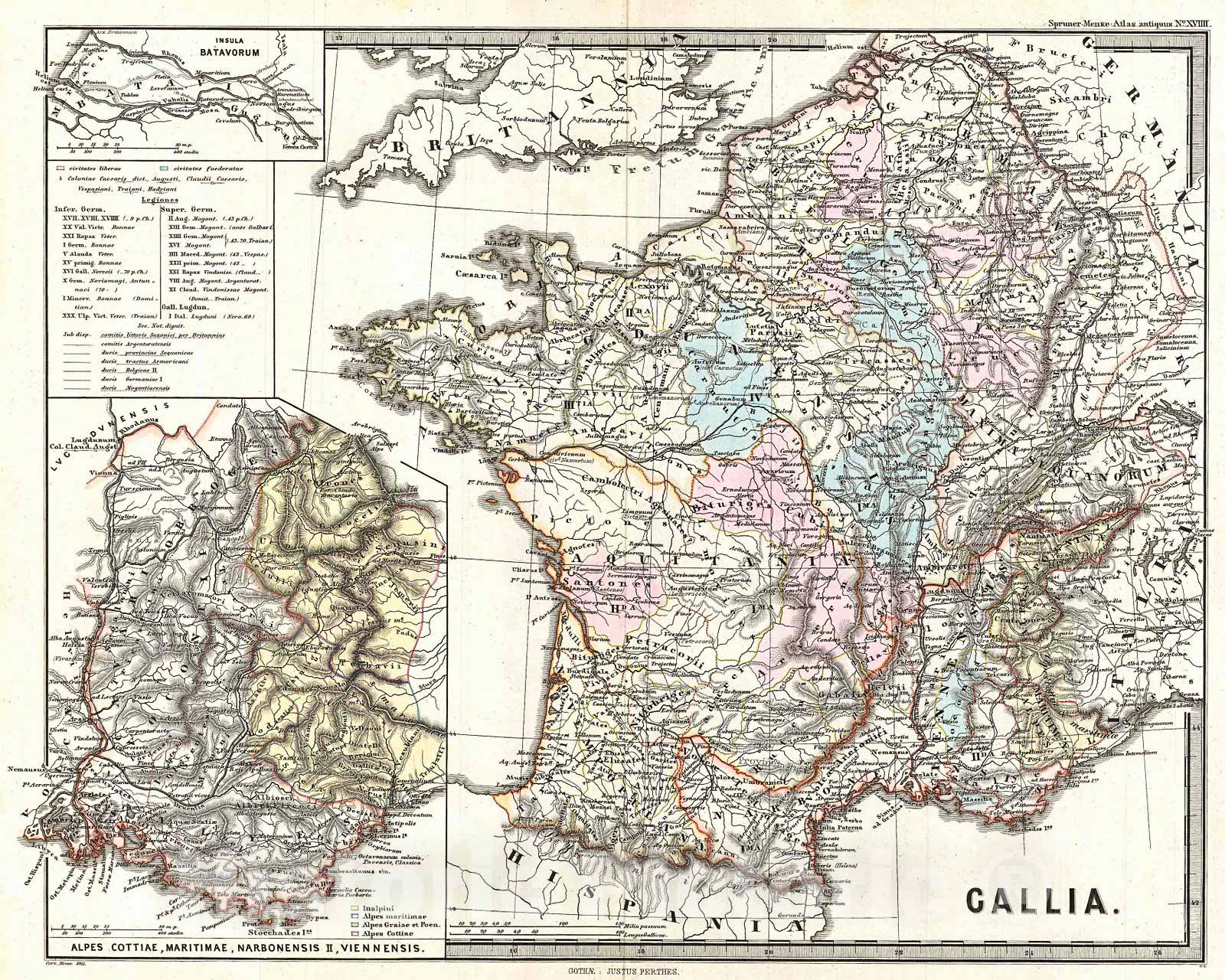 Historic Map : Spruner Map of France or Gallia in Roman Times , 1865, Vintage Wall Art