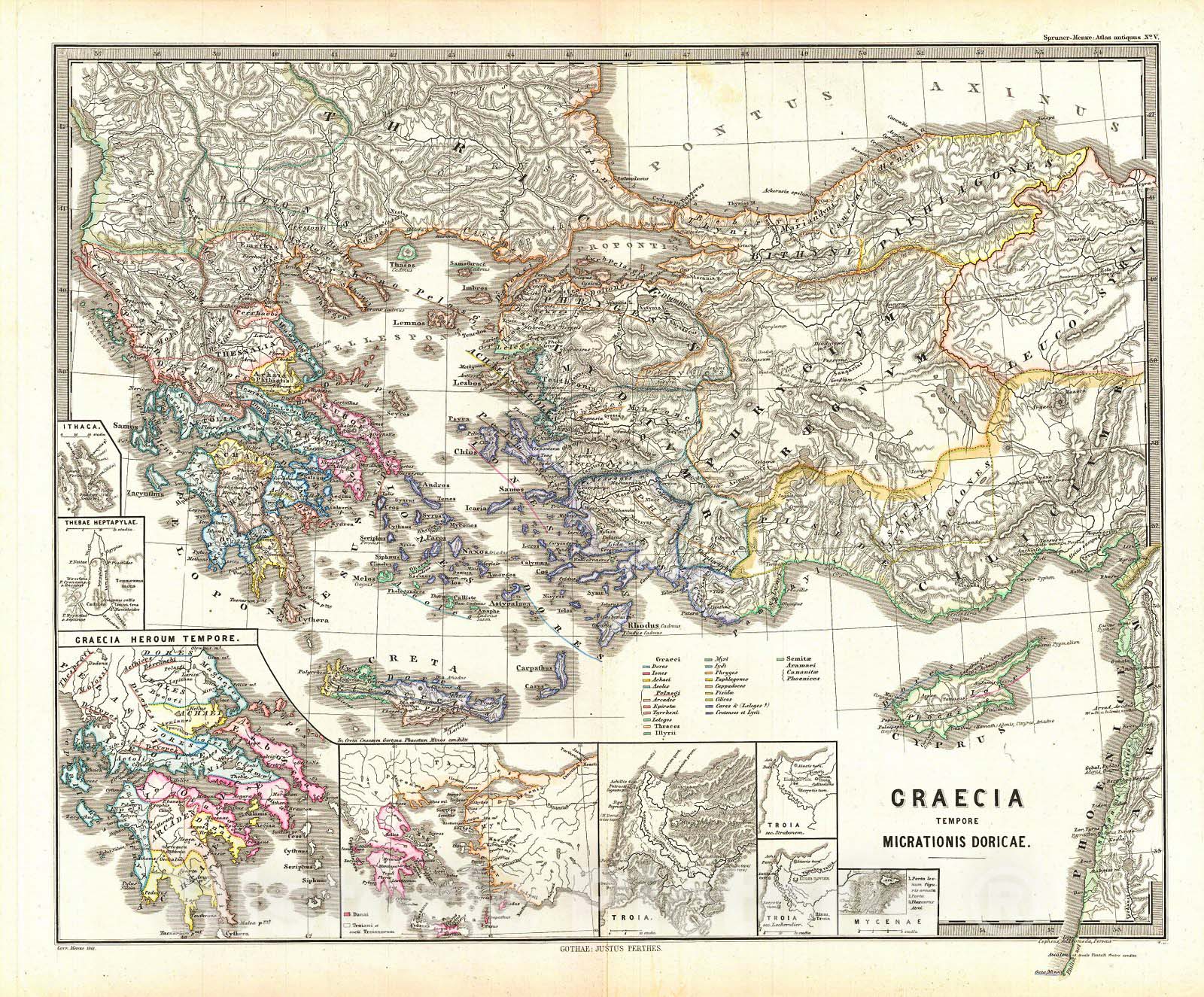 Historic Map : Spruner Map of Greece During The Dorian Migrations , 1865, Vintage Wall Art