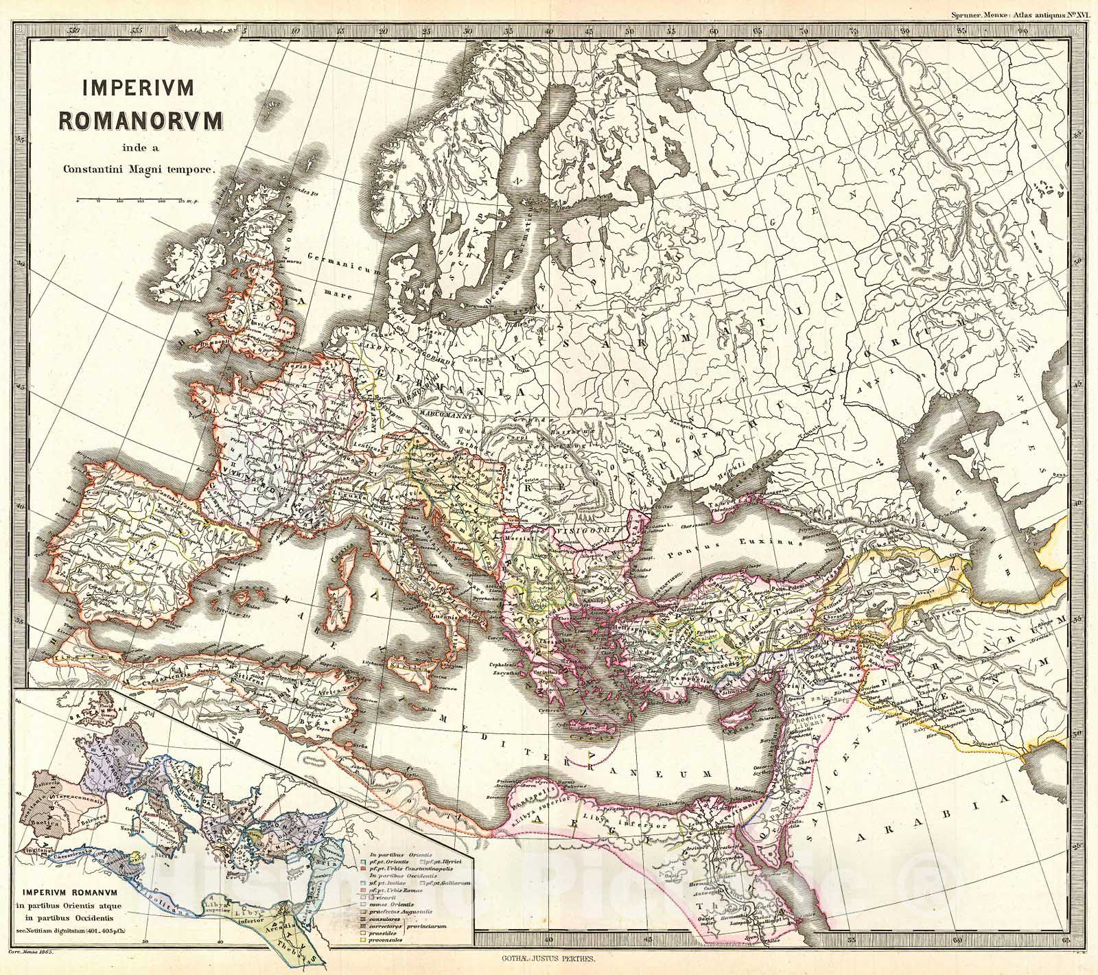 Historic Map : Spruner Map of The Roman Empire Under Constantine , 1865, Vintage Wall Art