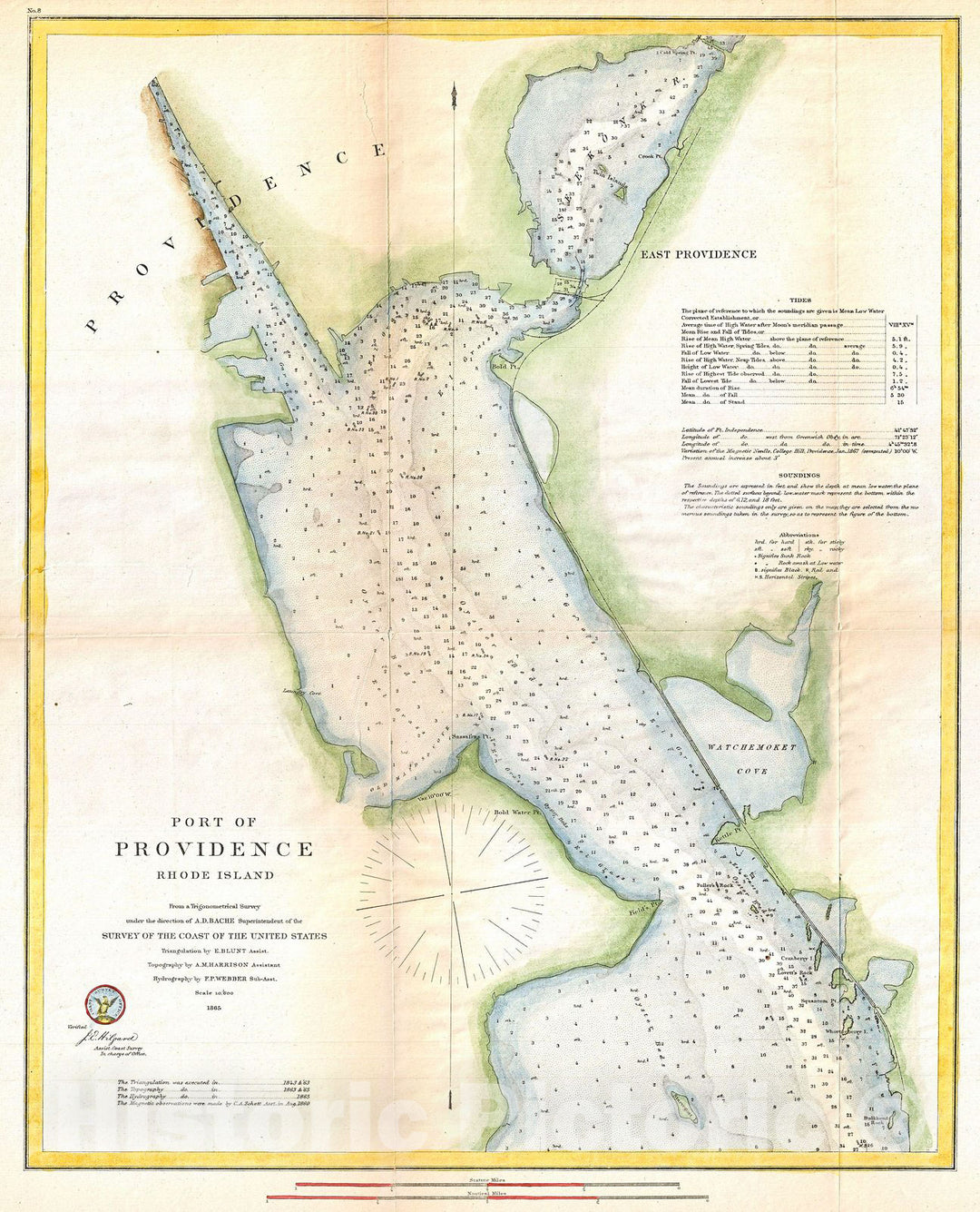 Historic Map : U.S. Coast Survey Map or Chart of Providence, Rhode Island, 1865, Vintage Wall Art