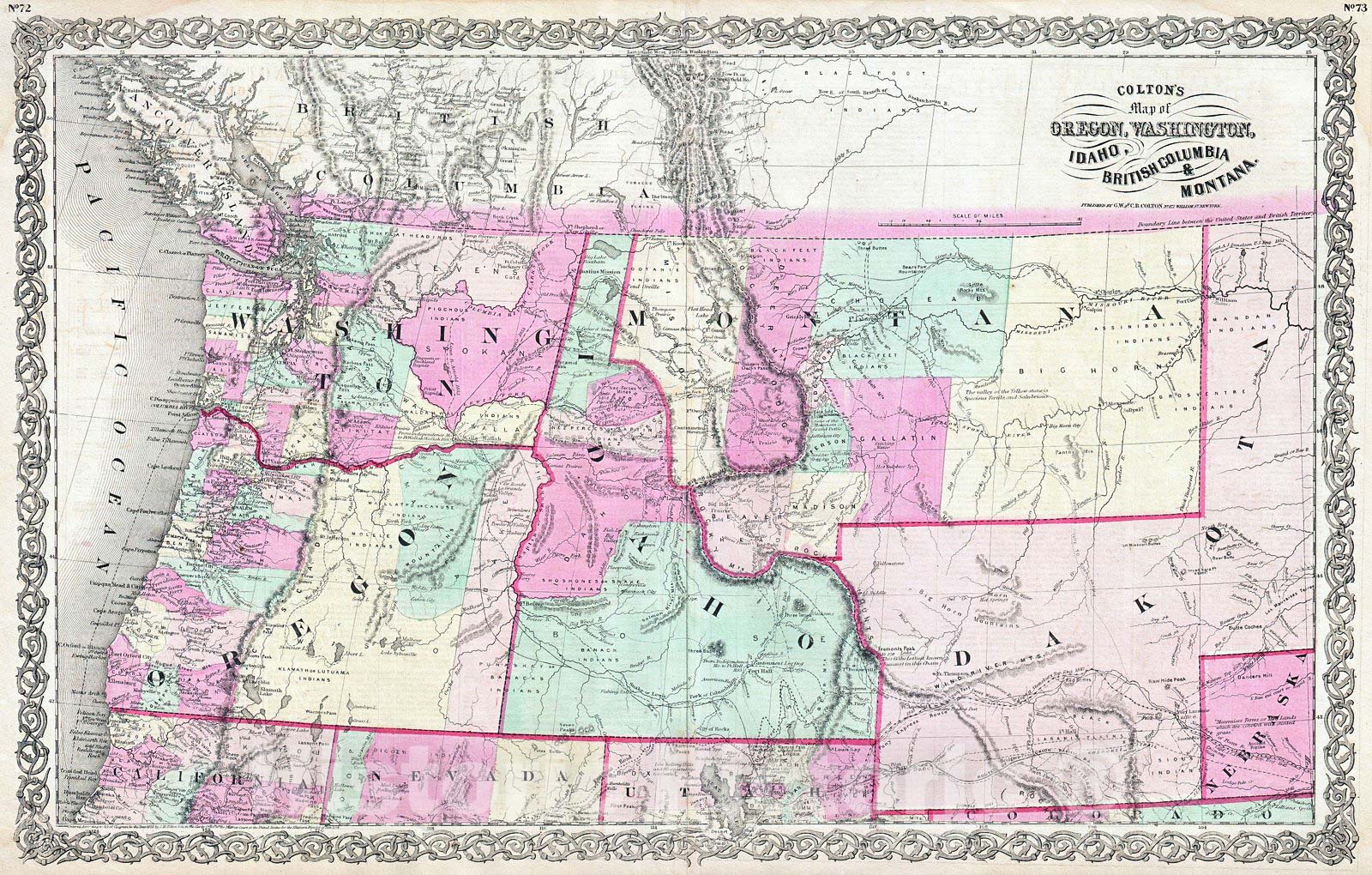 Historic Map : Colton Map of Oregon, Washington, Idaho and Montana (w Wyoming), 1866, Vintage Wall Art