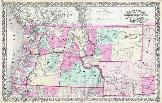 Historic Map : Colton Map of Oregon, Washington, Idaho and Montana (w Wyoming), 1866, Vintage Wall Art