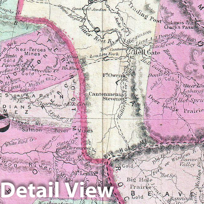 Historic Map : Colton Map of Oregon, Washington, Idaho and Montana (w Wyoming), 1866, Vintage Wall Art