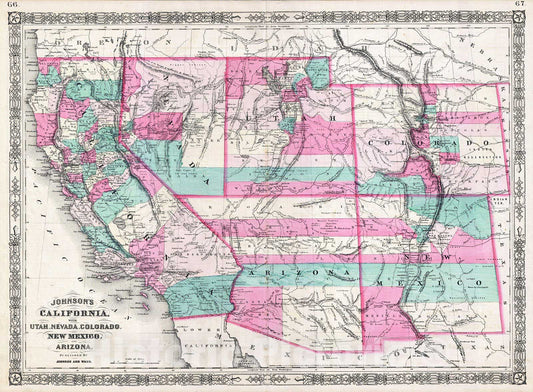 Historic Map : Johnson Map of California, Colorado, Arizona, New Mexico, Nevada and Utah, 1866, Vintage Wall Art