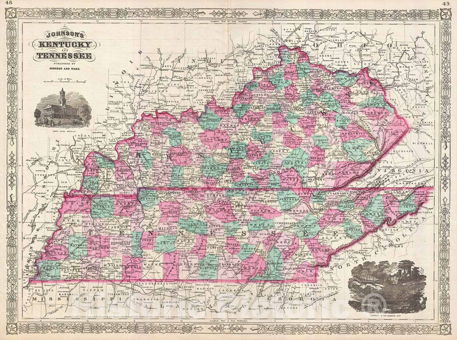 Historic Map : Johnson Map of Kentucky and Tennessee, Version 3, 1866, Vintage Wall Art