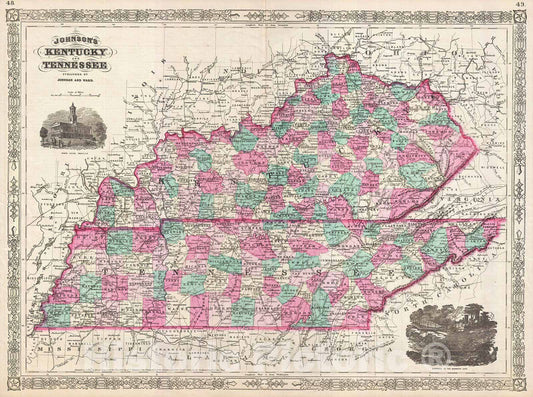 Historic Map : Johnson Map of Kentucky and Tennessee, Version 3, 1866, Vintage Wall Art