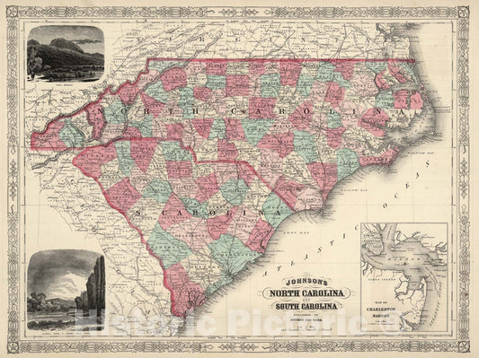 Historic Map : Johnson Map of North Carolina and South Carolina, Version 3, 1866, Vintage Wall Art