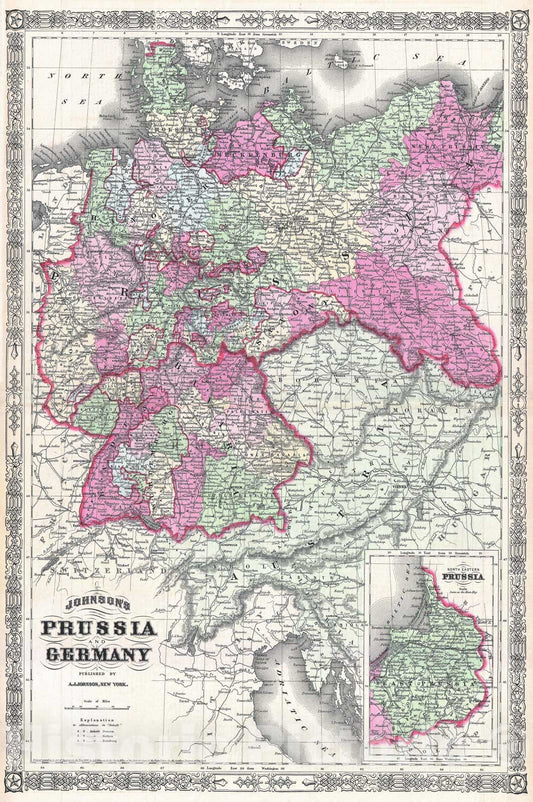 Historic Map : Johnson Map of Prussia and Germany, 1866, Vintage Wall Art
