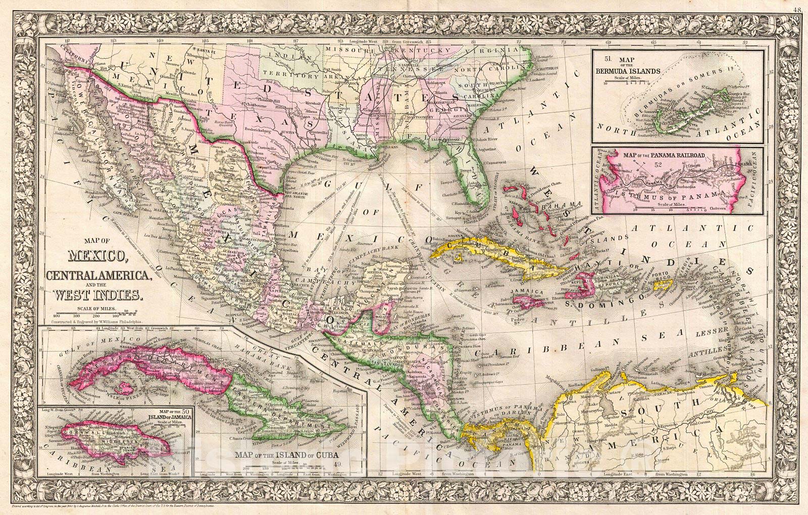 Historic Map : Mitchell Map of Mexico and The West Indies, 1866, Vintage Wall Art