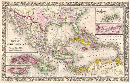 Historic Map : Mitchell Map of Mexico and The West Indies, 1866, Vintage Wall Art