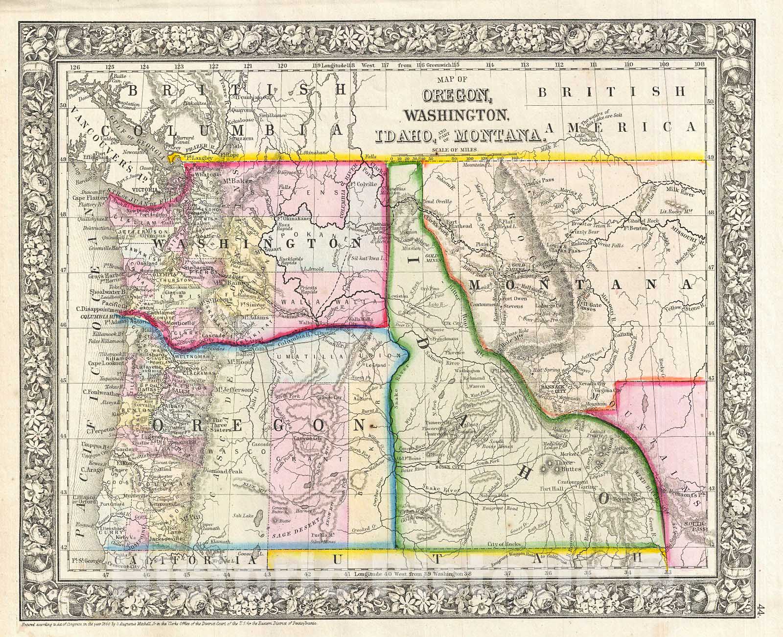 Historic Map : Mitchell Map of Washington, Oregon, Idaho and Montana , 1866, Vintage Wall Art
