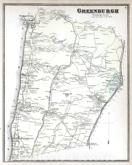 Historic Map : Beers Map of Westchester (White Plains, Scarsdale, Hastings), New York, 1867, Vintage Wall Art