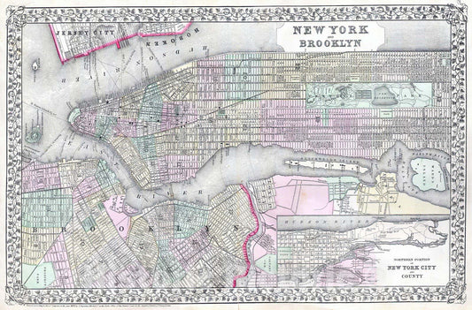 Historic Map : Mitchell Map of New York City, New York, Version 2, 1867, Vintage Wall Art