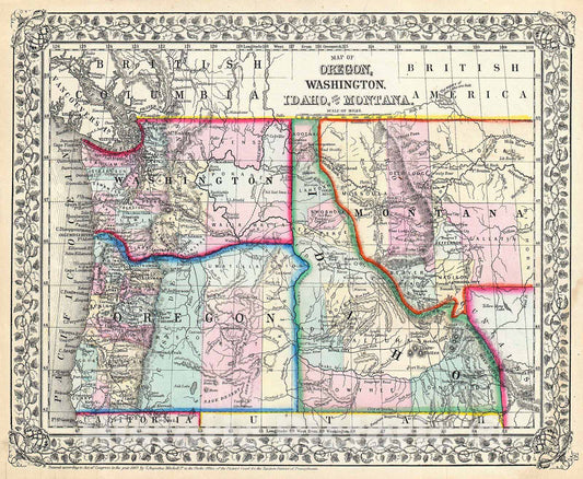 Historic Map : Mitchell Map of Oregon, Washington, Idaho and Montana , 1867, Vintage Wall Art